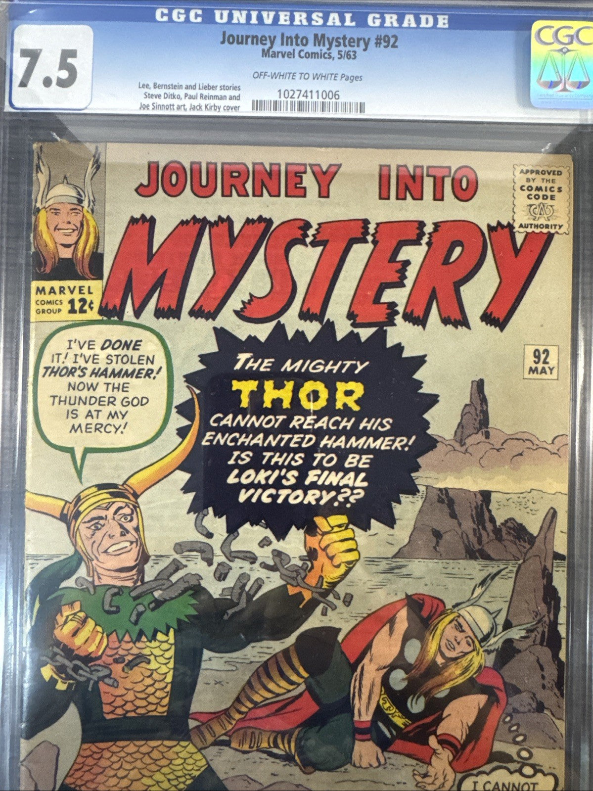 Journey into Mystery #92 CGC 7.5 Marvel Comics May 1963 Kirby Lee Ditko SILVER