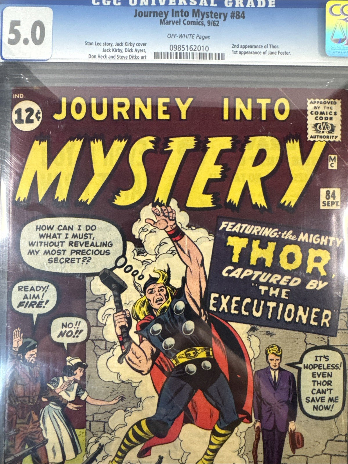 Journey into Mystery 84 CGC 5.0 1962 Marvel 1st Appearance Jane Foster 2nd Thor