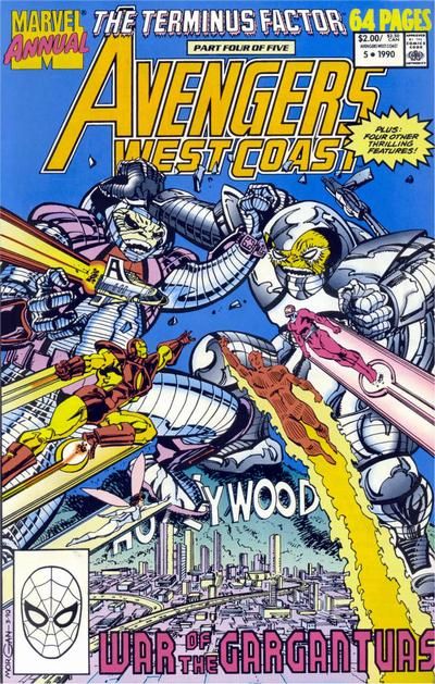 The West Coast Avengers, Vol. 2 Annual The Terminus Factor - Part Four: When Titans Trash! /  Media Watch / Tanks for Nothing / Don't You Daaare Miss It! / Honey, I Shrunk the Hyperatomic Anti-Proton Cannon 5A